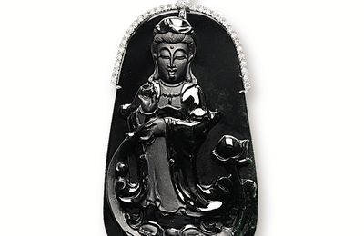 Black jadeite 'Guan Yin' and diamond pendant