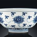 A blue and white 'Lotus' bowl, Kangxi six-character mark in underglaze-blue within a double-circle and of the period (1662-1722)