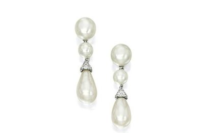 Fine pair of natural pearl and diamond pendent earrings