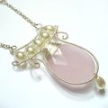 Collier quartz rose, wire-wire, perles de verre