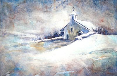 Peinture Aquarelle de la chapelle d'Alby-sur-Chéran sous la neige