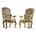 A pair of Italian carved giltwood and petit and gros point covered armchairs, Venetian, circa 1730. 
