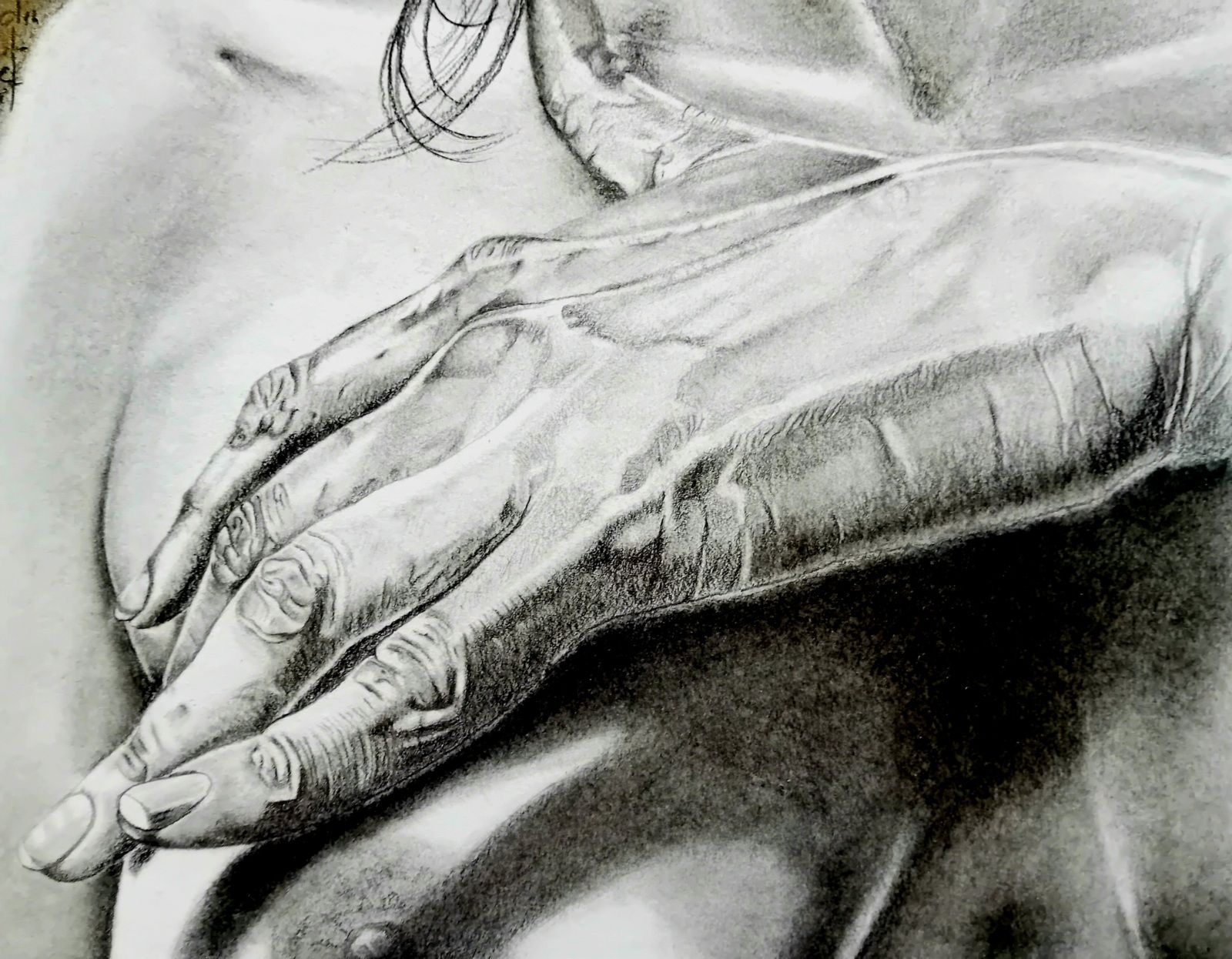 Dessin au crayon et fusain. Il représente une main.