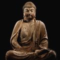 An extremely rare large polychrome wood figure of Shakyamuni Buddha, Jin dynasty (1115-1234)