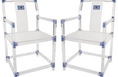 Pair of Blue and White Lucite Chairs by July Zhou