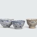 A group of three blue and white bowls with tall feet, Lê dynasty, 15th-16th century