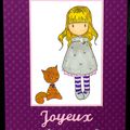 Carte d'anniversaire pour fille avec fillette blonde et chat colorisés à la main