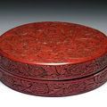 Carved red lacquerware Round box with peony décor, Ming dynasty, Yongle reign (1403-1424)