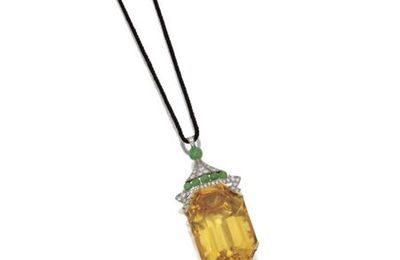 Platinum, Gold, Citrine, Jade and Diamond Pendant-Necklace