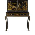 An Italian mid-19th century black and gilt Japanned and painted cabinet on stand, Venice or Rome, re-using an earlier cabinet