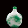 A carved green glass overlay 'crabs' snuff bottle. Attributed to Beijing, mid Qing dynasty