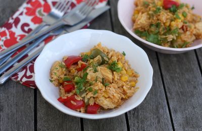 Poêlée de riz au poulet, poivrons et maïs