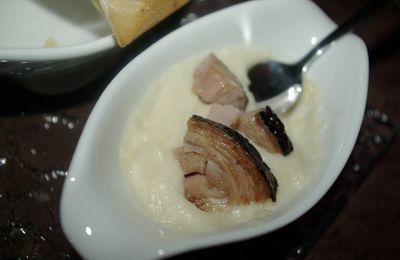 Crème de topinambours, andouille rôtie