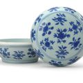 A rare blue and white ‘fruits and flowers’ box and cover, Jiajing six-character mark in underglaze blue within a double circle a