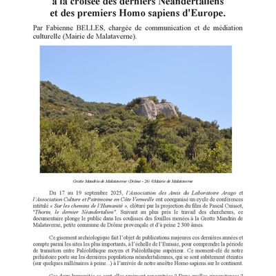 Page culturelle 143.  La Grotte Mandrin de Malataverne (Drôme), à la croisée des derniers Néandertaliens et des premiers Homo sapiens d'Europe. 