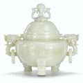 A large white jade tripod incense burner and cover, Qing dynasty, Qianlong period (1736-1795)