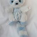 Doudou Peluche Raton Laveur Blanc Bleu Rayures Tartine Et Chocolat