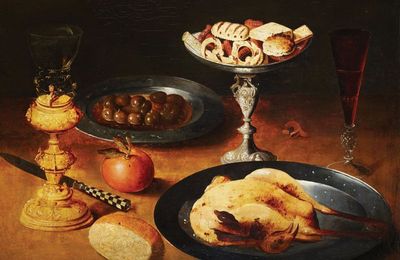 Attribué à Gottfried Von Wedig (1583-1614), Nature morte au plat d'olives, Römer monté, Taza présentant des biscuits, ...