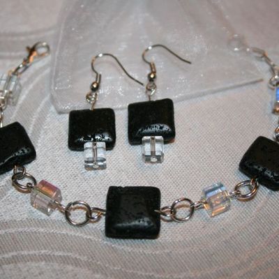 BRACELET ET BOUCLES D'OREILLES LAVE ET CRYSTAL