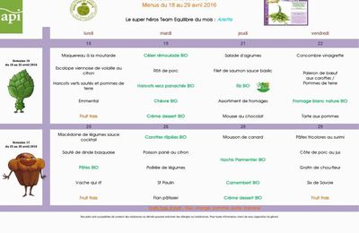 Menus du 18 avril au 5 juillet 2016