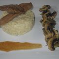 Aiguillettes de canard, risotto, champignons