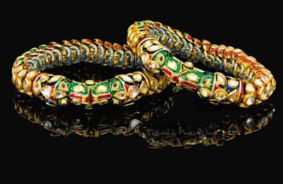 A pair of diamond and enamelled bracelets (dastband) with makara-head terminals, South India, late 19th-early 20th century