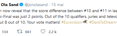 La 10ème place (et donc la qualification) de la première demi-finale s'est jouée à 2 points vient d'indiquer Jon Ola Sand