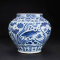 An important and exceptionally painted blue and white 'fish' jar, guan, Yuan dynasty