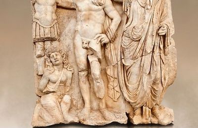 Sculpture of Roman Emperor being crowned with a barbarian captive. Aphrodisias Archaeological museum, Turkey