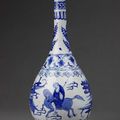 Bottle, fritware, painted in underglaze cobalt blue with scholar on a horse, Iran, 1640-1665