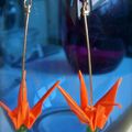 VENDUE - Origami - Boucles d'oreilles Grues oranges & perles vertes