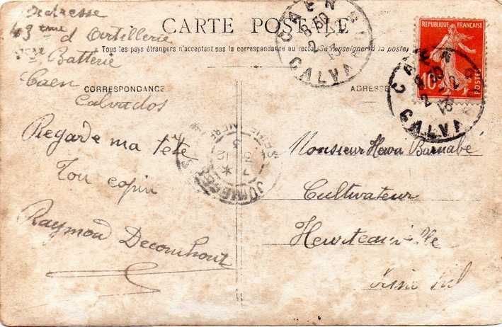 Caen, Quartier Claude Decaen, 43e RAC, Raymond Eugène Louis Deconihou, 02.12.1913 corresp.