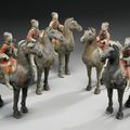 Five painted gray pottery figures of equestrians, Han dynasty (206 BC - 220 AD)