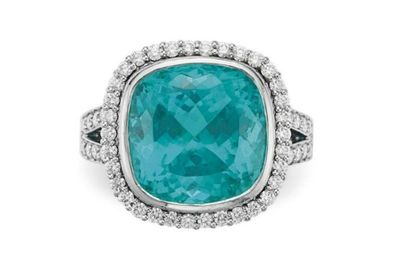 A 9.70 carats Brazil cushion-cut Paraiba tourmaline and diamond ring, by Tiffany & Co
