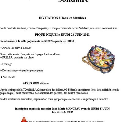 Notre pique-nique solidaire aura lieu le jeudi 24 juin