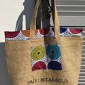 Sac cabas, toile de sac à café, inscription  Nicaragua, et wax - réversible bleu, sac shopping, piscine...
