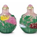A rare five-color-overlay pink glass snuff bottle, Imperial, Palace Workshops, Beijing, 1750-1850