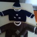 Pulls en laine tricotés main + moufles + bonnet doublé polaire