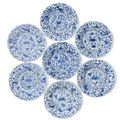 A set of seven blue and white fluted 'Sea creatures' dishes, Kangxi period (1662-1722)