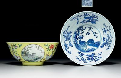 A rare pair of yellow-ground famille rose 'medallion' bowls, Daoguang seal marks in underglaze blue and of the period (1821-1850