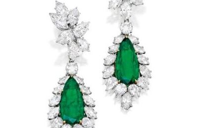 Pair of Platinum, 18 Karat Gold, Emerald and Diamond Pendant-Earclips, Harry Winston