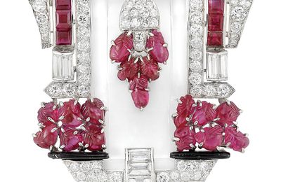 Art Deco Platinum, Rock Crystal, Diamond, Carved Ruby, Ruby and Black Enamel Clip
