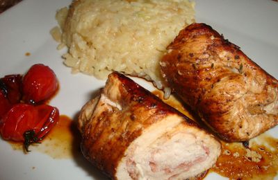 Paupiettes de dinde au prosciutto, risotto aux champignons, tomates cerises caramélisées