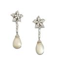A pair of natural pearl and diamond pendent earrings, circa 1950