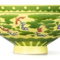 A rare yellow and green 'Bat' bowl with polychrome details, Mark and period of Yongzheng (1723-1735)