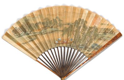 Attributed to Qiu Ying (circa 1494-1552), Boating on the river, ink and color on paper, fan