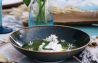 Velouté glacé de courgettes et ail des ours, quenelle de fromage blanc à l'ail des ours