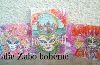 Lot de 3 cartes, cartes d'art "Masque vénitien carnaval "en peinture aquarelle,  boutique vente en ligne "CORALIEZABO ETSY " 