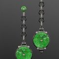 Carved Jade, Diamond and Black Enamel Pendant Earrings, circa 1920s
