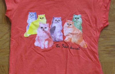 T-shirt orange et chats multicolores - Le petit Marcel - 4 ans/104 cm - 2 euros - 